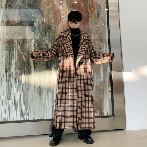 秋冬时髦加厚设计卡其格子中长款大衣男生气质英伦复古风廓形外套
