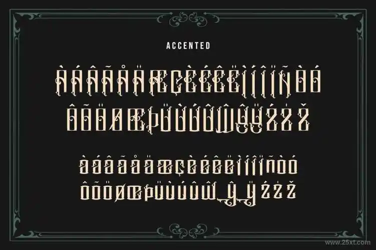 godfrey是一款哥特式风格的英文古典字体,包括大写字母,数字,大量标点