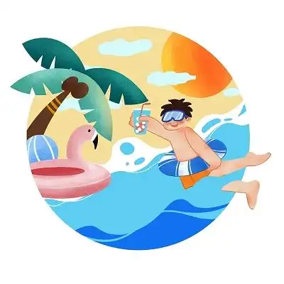 游泳培训蓝色海洋卡通海报彩色手绘卡通夏日海边海滩大海椰树元素png