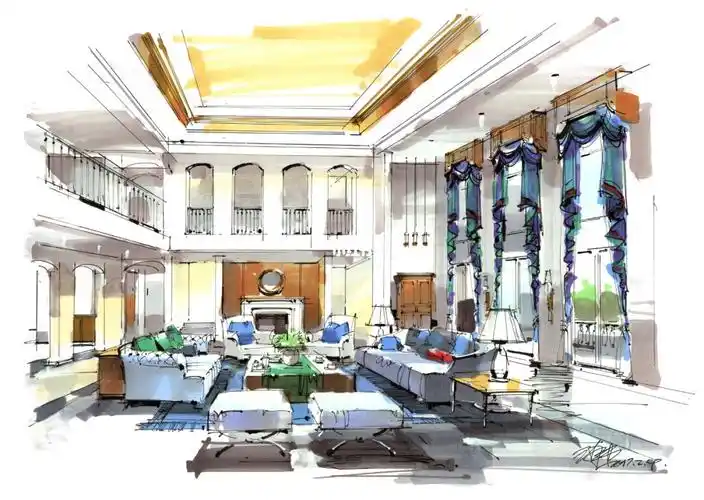 名家手绘效果图100例-【111】别墅客厅设计