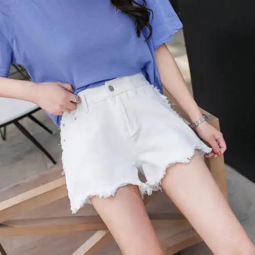 实拍1388#白色牛仔短裤女夏高腰宽松阔腿裤韩版显瘦休闲毛边热裤