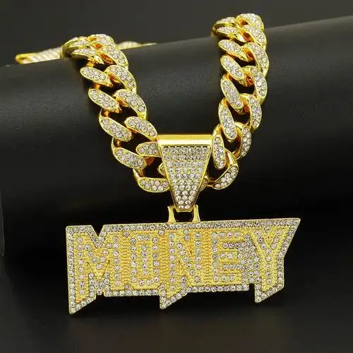 欧美跨境爆款满钻money字母吊坠项链夜店说唱潮嘻哈古巴锁骨链