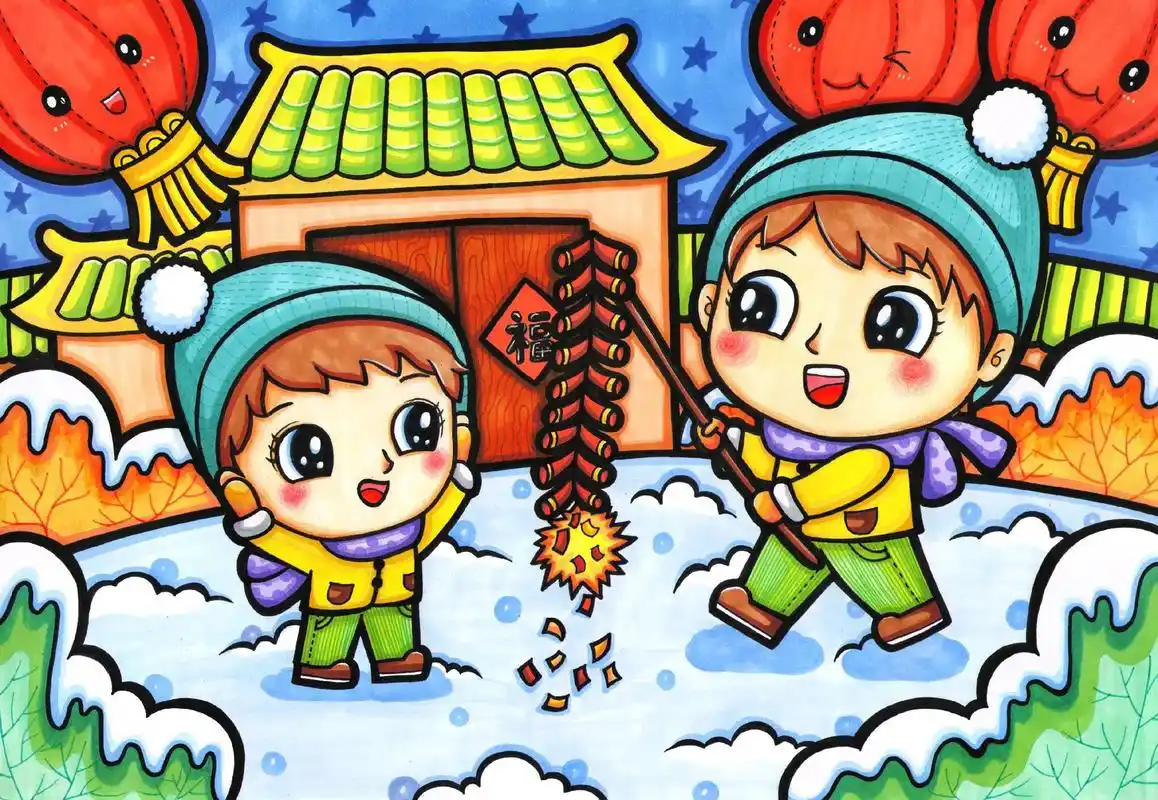放鞭炮迎新年主题画年俗儿童画手抄报