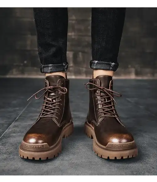 马丁靴男高帮鞋款工装靴英伦风男士中筒靴皮靴潮流男靴时尚百古铜色39