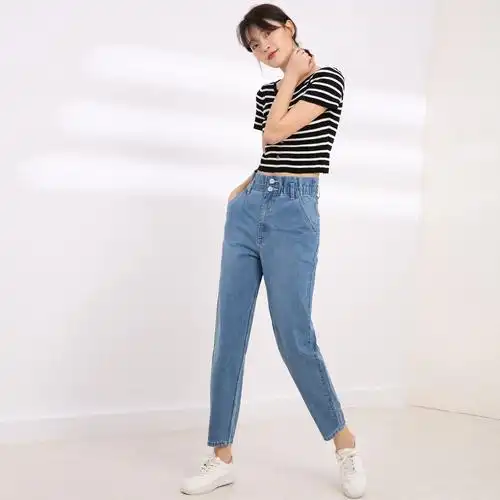 春秋大码牛仔裤女200斤胖妹妹高腰显瘦裤子韩版松紧腰哈伦裤2222