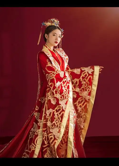 ninading新娘汉服2022新款结婚中式拖尾婚纱敬酒礼服凤冠霞帔嫁衣红色