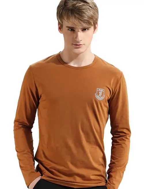 新品男士修身长袖t恤 经典纯色打底衫男 圆领t恤男 1230110 浅棕色