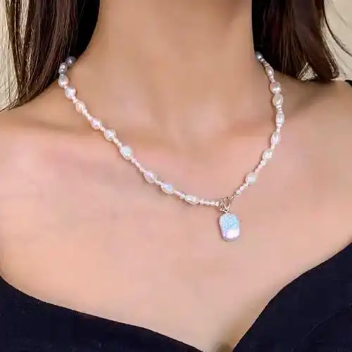 巴洛克珍珠项链女小众设计感ins14k注金短款异形方块珍珠毛衣项链