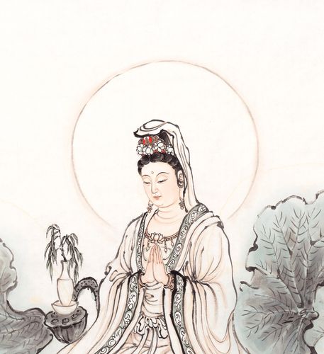 合掌观音像宗教人物人物画画像国画字画书画高仿国画