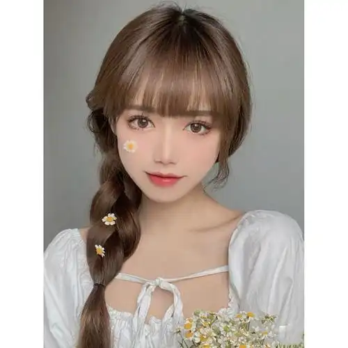 世雅假发女复古减龄单麻花辫甜美空气刘海少女圆脸百搭假毛辫子全头套