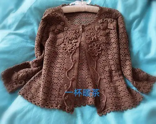 经典爱尔兰花女士钩针圆领蕾丝开衫