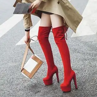 秋冬绒面长筒女鞋红色靴子防水台超高跟过膝长靴弹力大码女靴 wmh