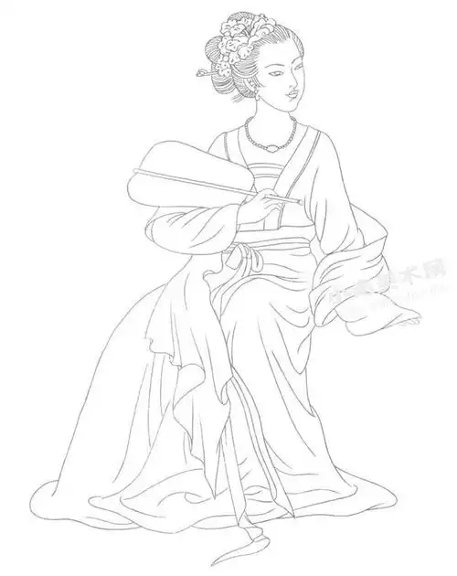 执扇的仕女白描画法步骤图示05