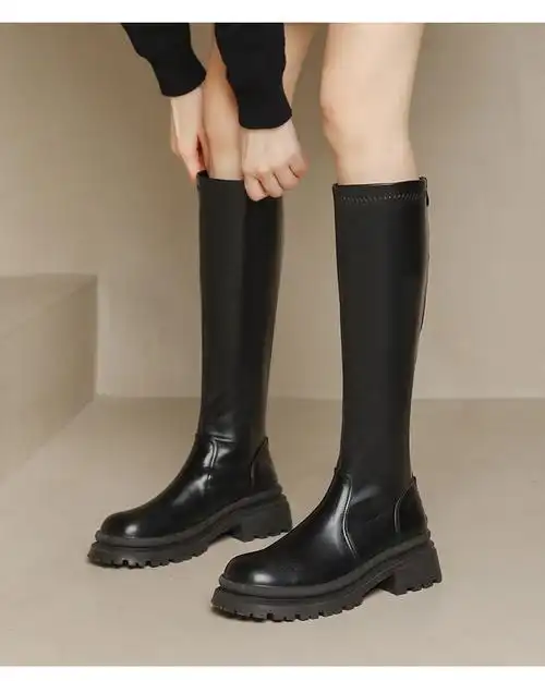 长筒靴腿粗后拉链厚底小个子中筒长皮靴秋冬新款高筒马丁靴女英伦长筒