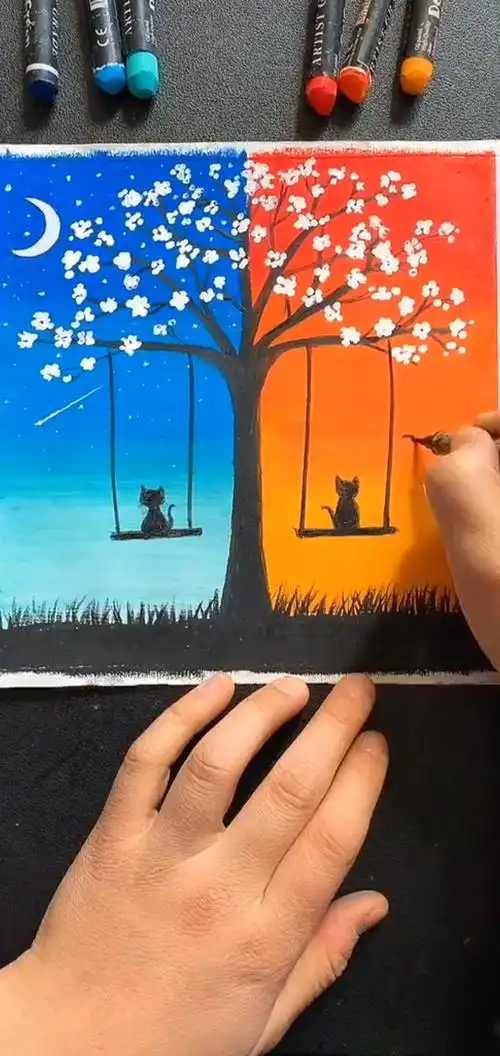 油画棒画白天与黑夜风景,步骤简单易学.-度小视