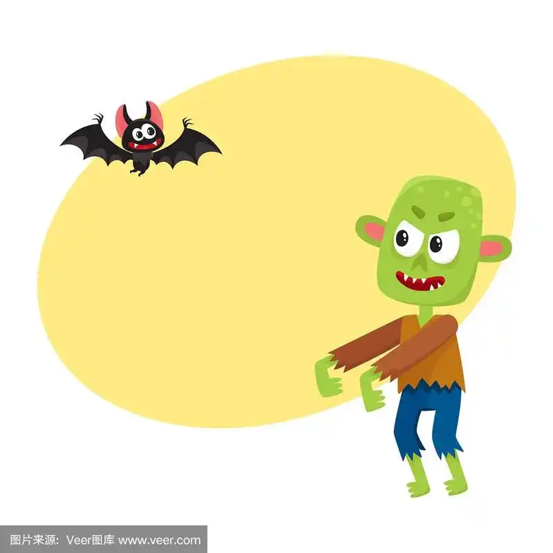 万圣节怪物-绿色僵尸和吸血蝙蝠