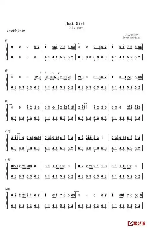 that girl钢琴简谱-数字双手-olly murs1
