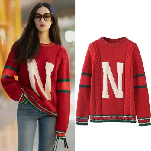 倪妮同款衣服女2019秋款圆领oversize宽松红色n字母宽松套头毛衣