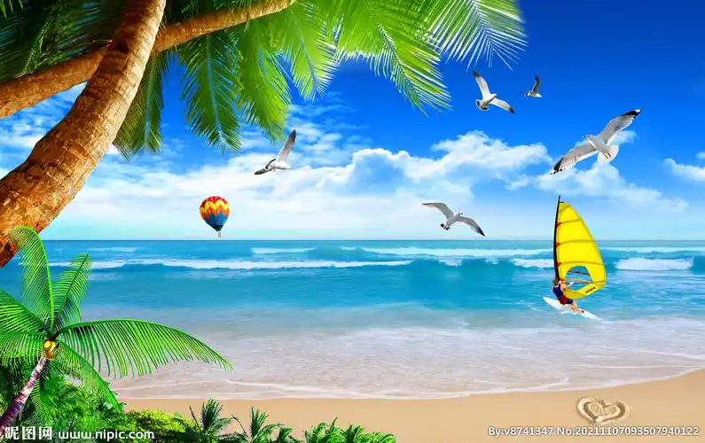 蓝天白云海边沙滩风景画图片