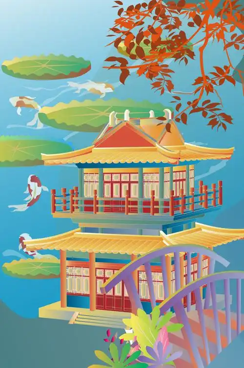 中国风古建筑荷塘锦鲤小桥楼阁矢量插画竖版