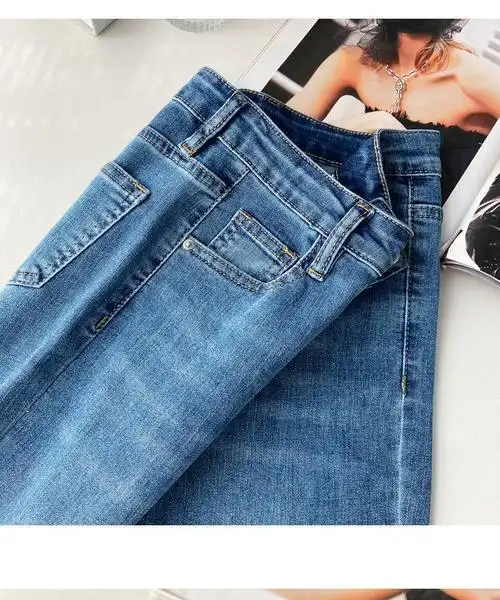 深蓝色微喇牛仔裤女2024年夏季薄款高腰高弹力紧身显瘦百搭喇叭裤