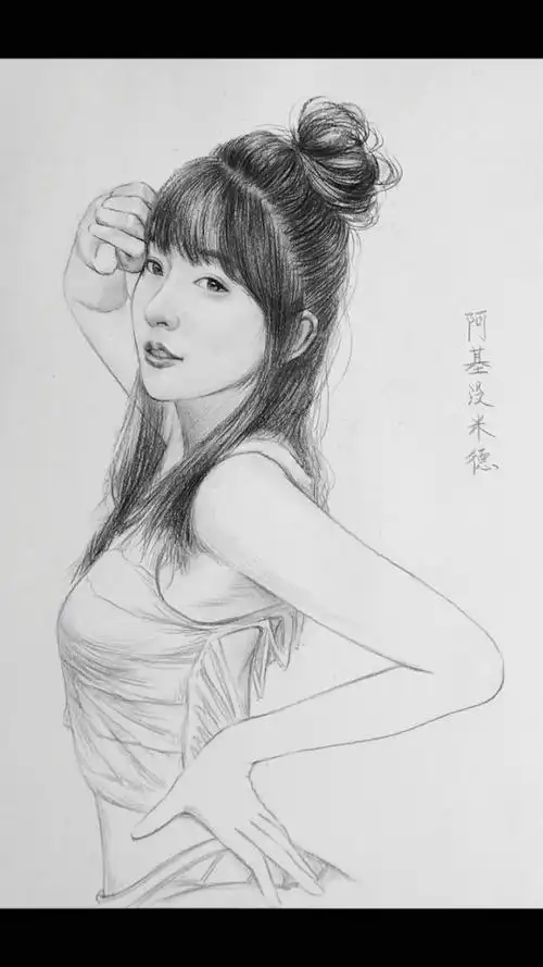 手绘线描速写简笔画,丸子头小姑娘