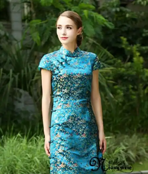 娘子写锦瑟原创中式蓝色华丽织锦缎盘扣修身时尚改良礼服短旗袍