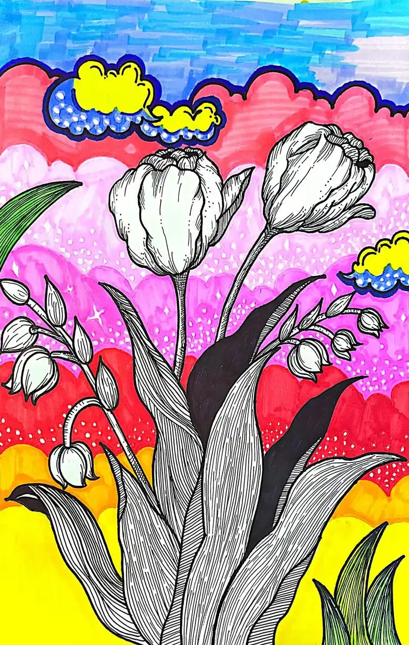 《花卉》#画画的baby #一起学画画 #儿童创意美术作品  - 抖音