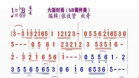 同步动态伴奏简谱视频合集 动态伴奏bb调《大阪时雨》简谱