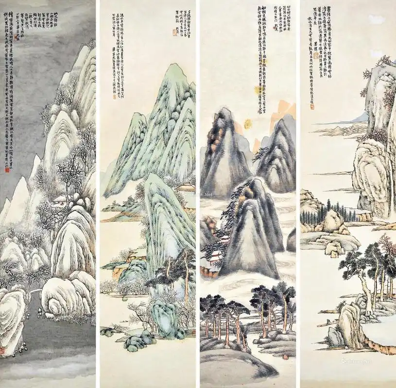 【春夏秋冬四条屏山水 立轴 设色纸本】拍卖品_图片_价格_鉴赏_绘画