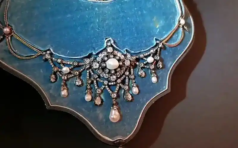 西洋古董首饰法国珍珠钻石金银叠打可拆卸垂花帷幔式项链