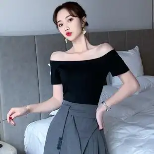 性感百搭露肩紧身露背纯色短袖 黑色一字肩上衣女夏修身 一字领t恤