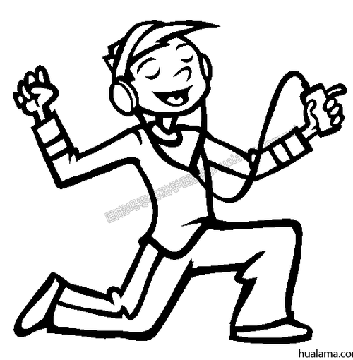 男孩戴耳机拿着便携式播放器mp3听音乐简笔画黑白画