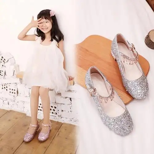 女童水晶鞋小女孩模特走秀舞台演出主持时装单鞋公主高跟儿童皮鞋