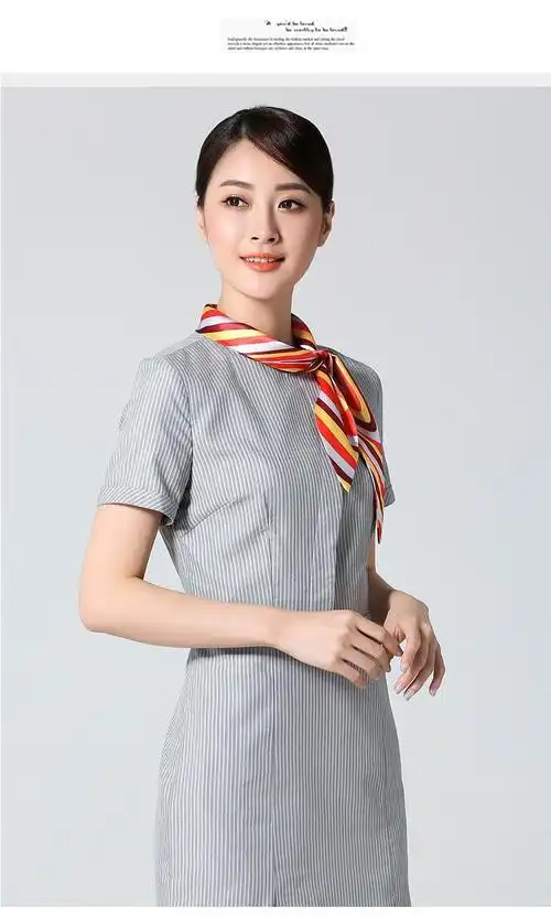 定制海航空姐连衣裙职业套装新款夏装灰色条纹航空工作服短袖丝巾