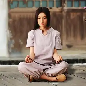 康愫雅夏装气质短袖棉麻禅修衣服居士服宽松瑜伽服套装立领佛教女