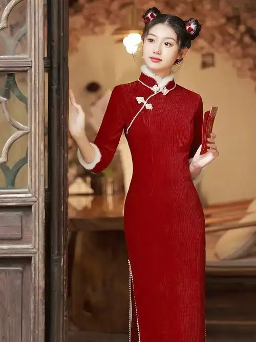 新中式红色旗袍2023年新款改良冬季加厚新年小个子拜年服女过年喜