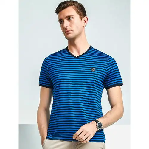 雅鹿男士短袖t恤夏含桑蚕丝v领男2019款半袖中年条纹体恤上衣