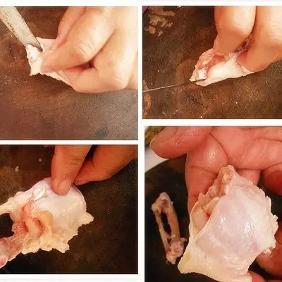 1.先把鸡翅去骨,在两端骨关节的地方用刀切断,然后慢慢把骨推出来.