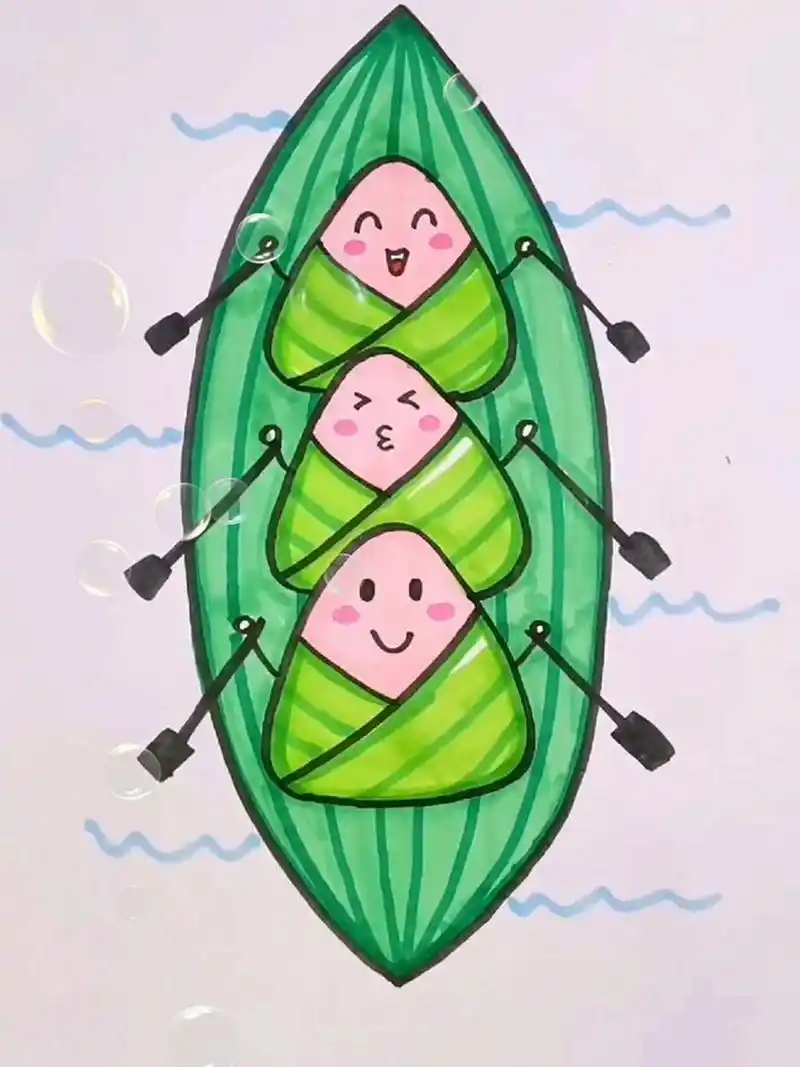 粽子划龙舟简笔画 三个三角形画出一个划龙舟的粽子图95