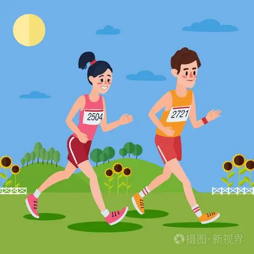 马拉松选手. 男人和女人在山上奔跑,阳光明媚