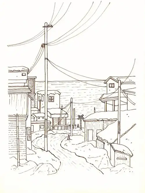 钢笔淡彩线稿海边雪景