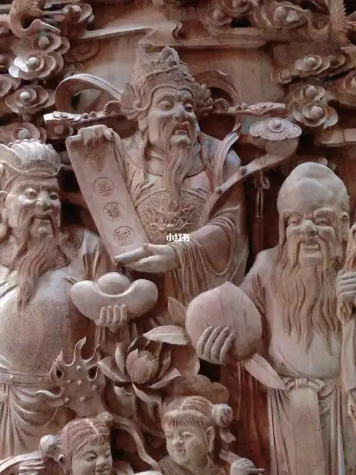 福禄寿三星木雕背景缅甸花梨木雕刻