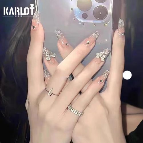 美甲贴片假指甲片可拆卸果冻胶水重复用中长款女生礼物 碎钻蝴蝶中长