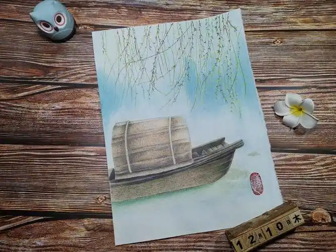 彩铅风景:画船听雨眠