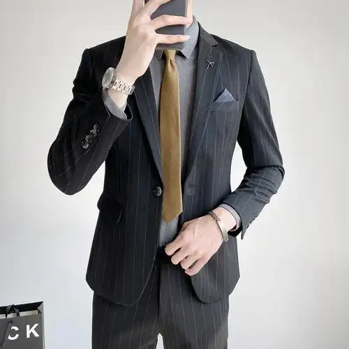 韩国秋冬新款条纹东大门西装黑色修身商务正装痞帅休闲西服套装男
