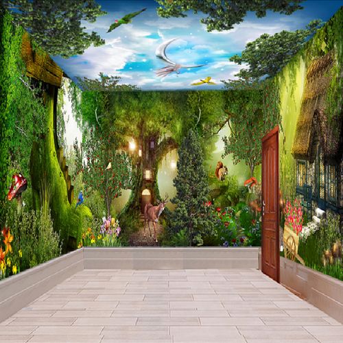 全屋定制儿童房森林小木屋背景墙纸3d卡通卧室ktv酒吧酒店壁画