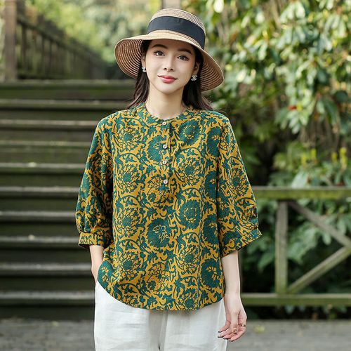 沁芍夏天穿的中年妇女碎花衬衫棉麻复古棉麻上衣小个子女碎花棉麻宽松