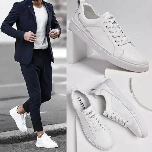 头层牛皮小白鞋男士英伦男鞋配休闲西装韩版百搭西服鞋子白色板鞋