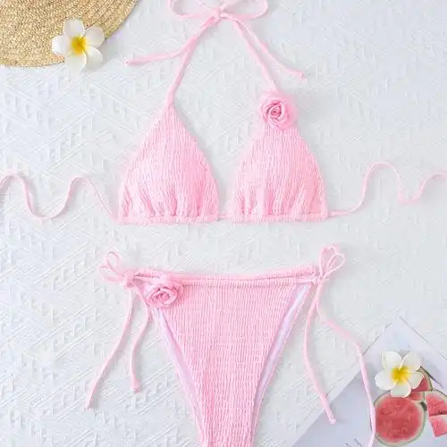 航森2024新款欧美亚马逊跨境纯色性感打懒布三角包花朵比基尼泳衣